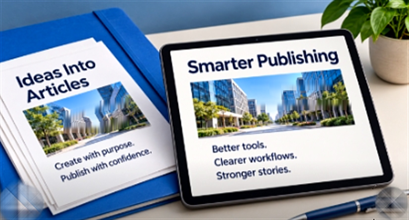 A blue folder with pages titled Ideas Into Articles beside a tablet titled Smarter Publishing, a pen and a plant